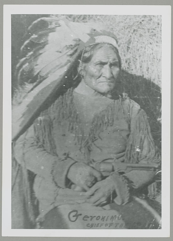 Photograph of Geronimo, taken at a fair in 1905. In his later years, Geronimo was considered something of a folk hero and appeared at fairs and Old West shows where he sold photographs of himself and souvenirs.